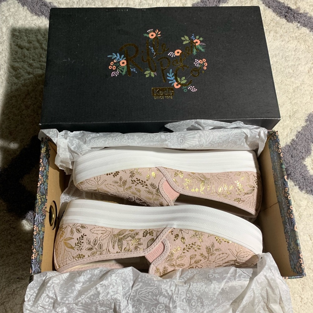 Keds rifle paper co gold floral rose suede blush